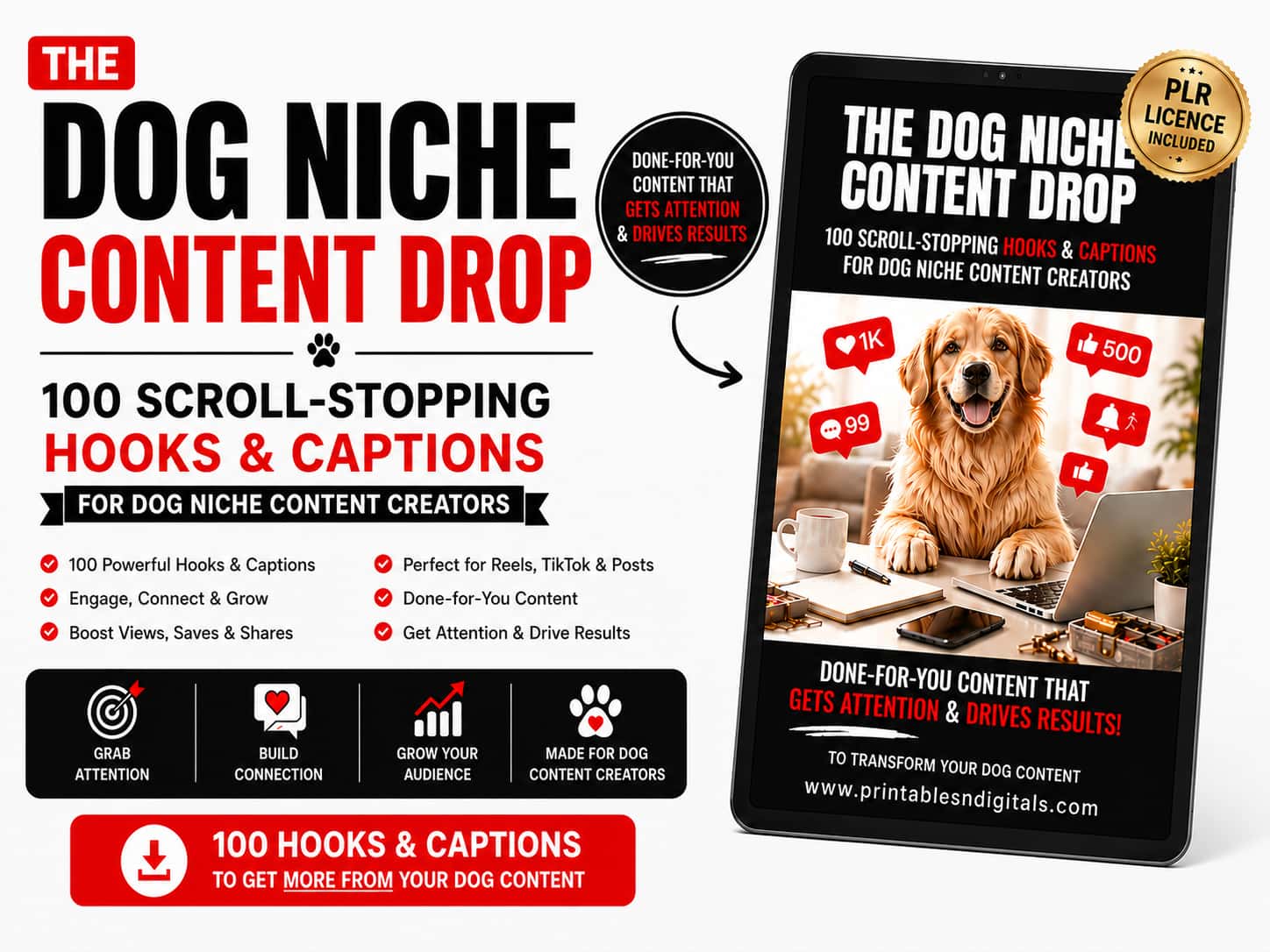The Dog Niche Content Drop - 100 Scroll-Stopping Hooks & Captions for Dog Niche Content Creators - PLR LICENCE INCLUDED