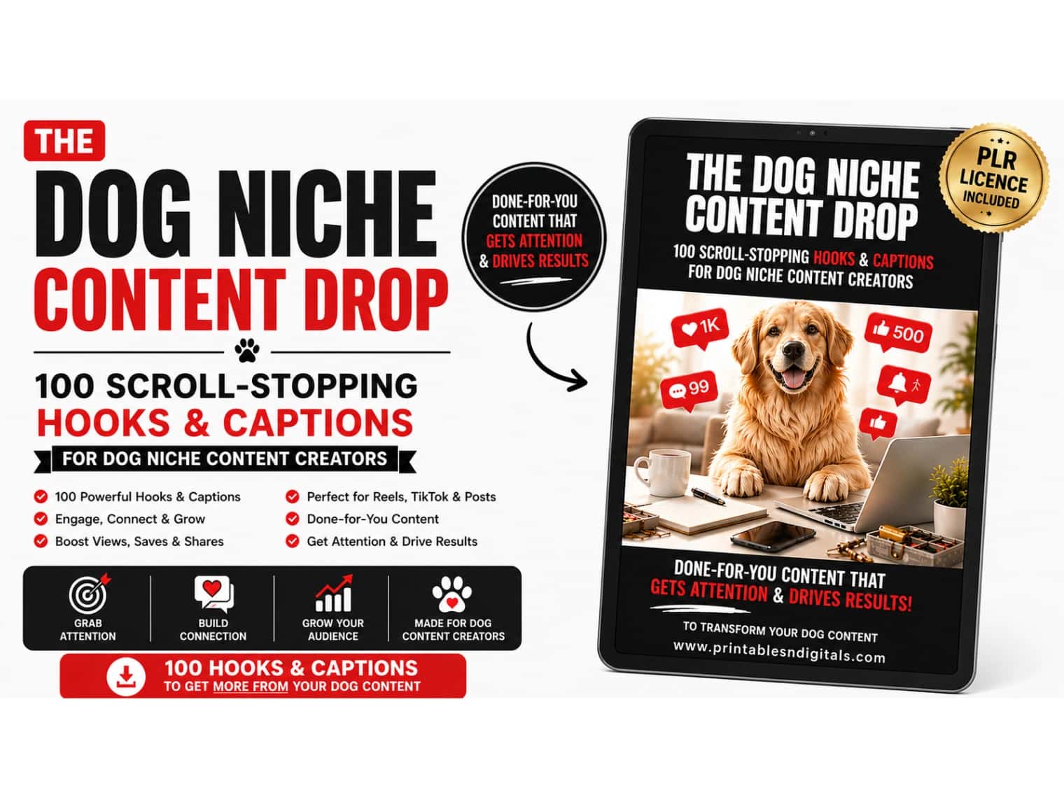 The Dog Niche Content Drop - 100 Scroll-Stopping Hooks & Captions for Dog Niche Content Creators - PLR LICENCE INCLUDED